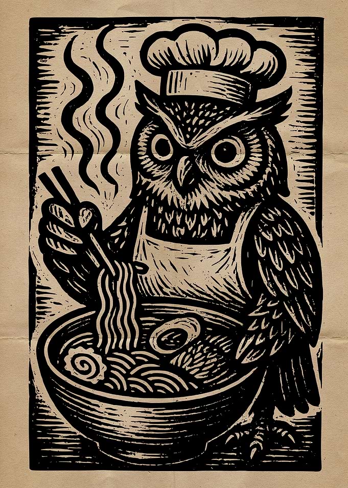 Owl Chef with Ramen Woodcut Print