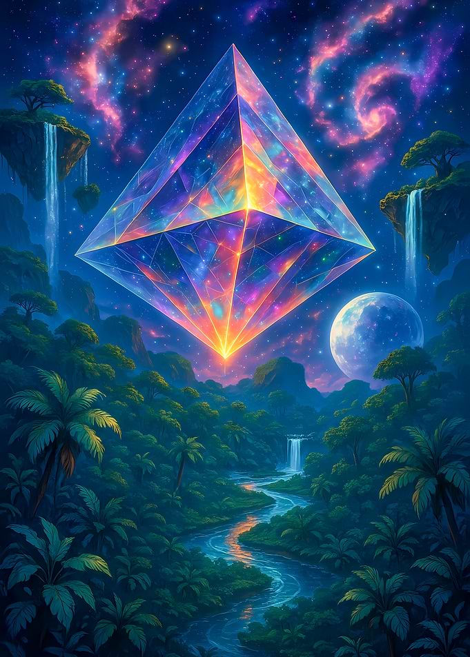 Crystal Diamond Above Tropical Landscape