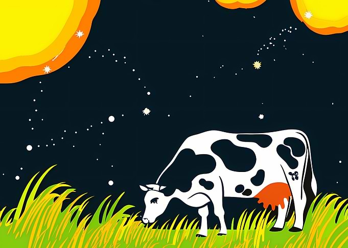 Cow in Starry Night Illustration