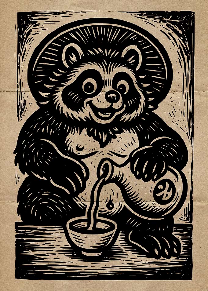 Tanuki Pouring Sake Woodcut Print