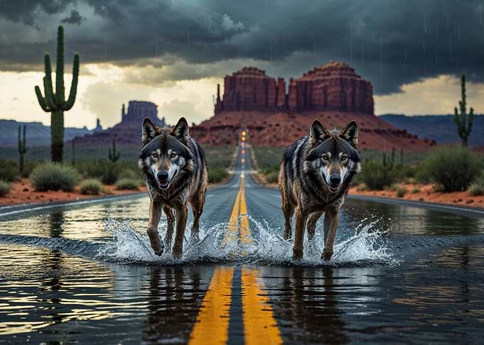 Wolves Running Through Flooded Desert Road