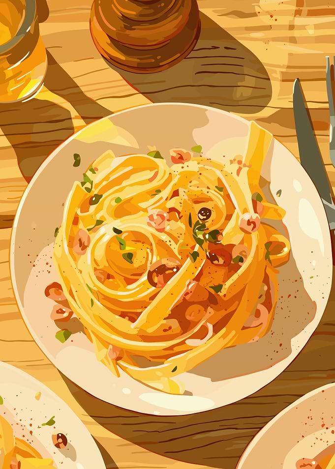 Pasta Dish Illustration with Drink