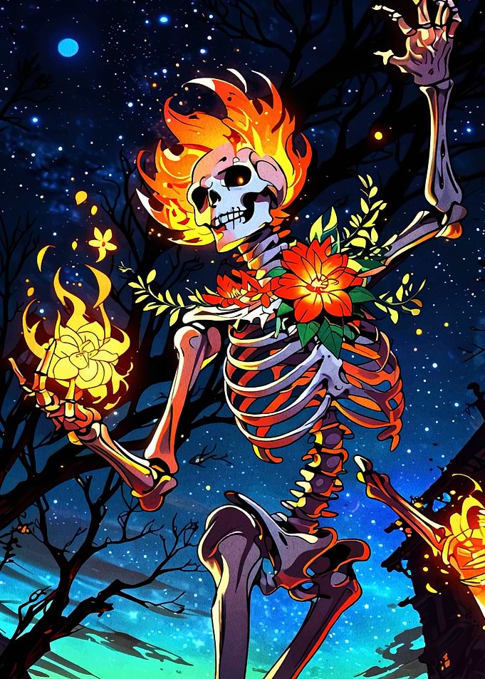 Floral Skeleton with Fire and Flowers