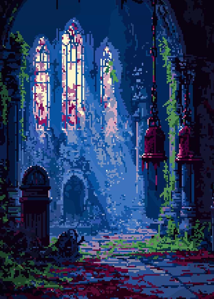 Pixel Art Abandoned Church Interior