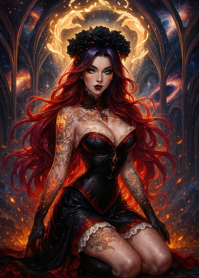 Gothic Woman with Roses and Tattoos