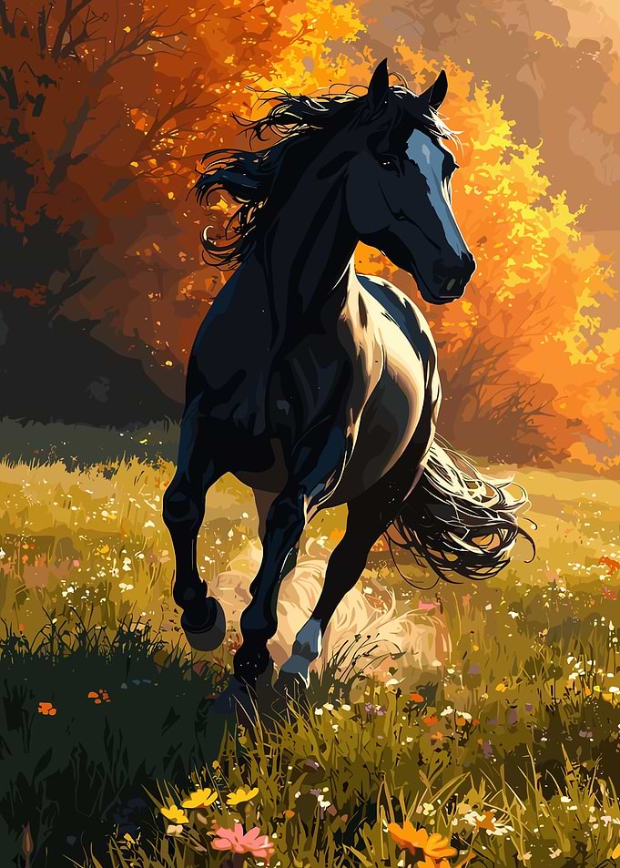 Black Horse Galloping in Autumn Meadow