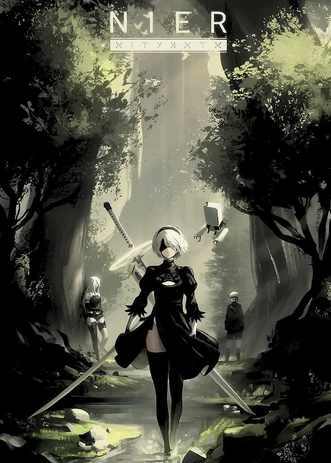 Nier Automata characters in forest setting