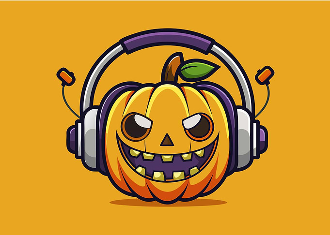 Cartoon Pumpkin with Headphones on Orange Background