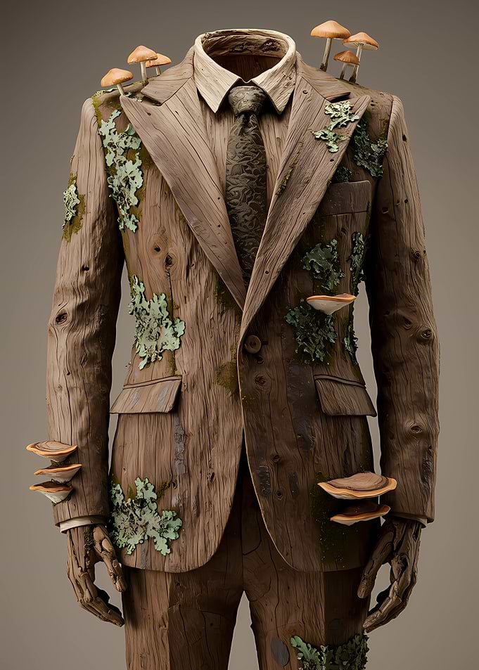 Wooden Suit with Mushrooms and Lichen