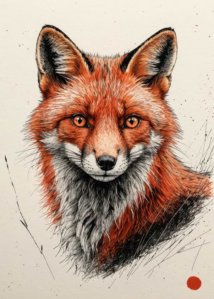 Red Fox Portrait Illustration — Detailed Wildlife Fox Art Print