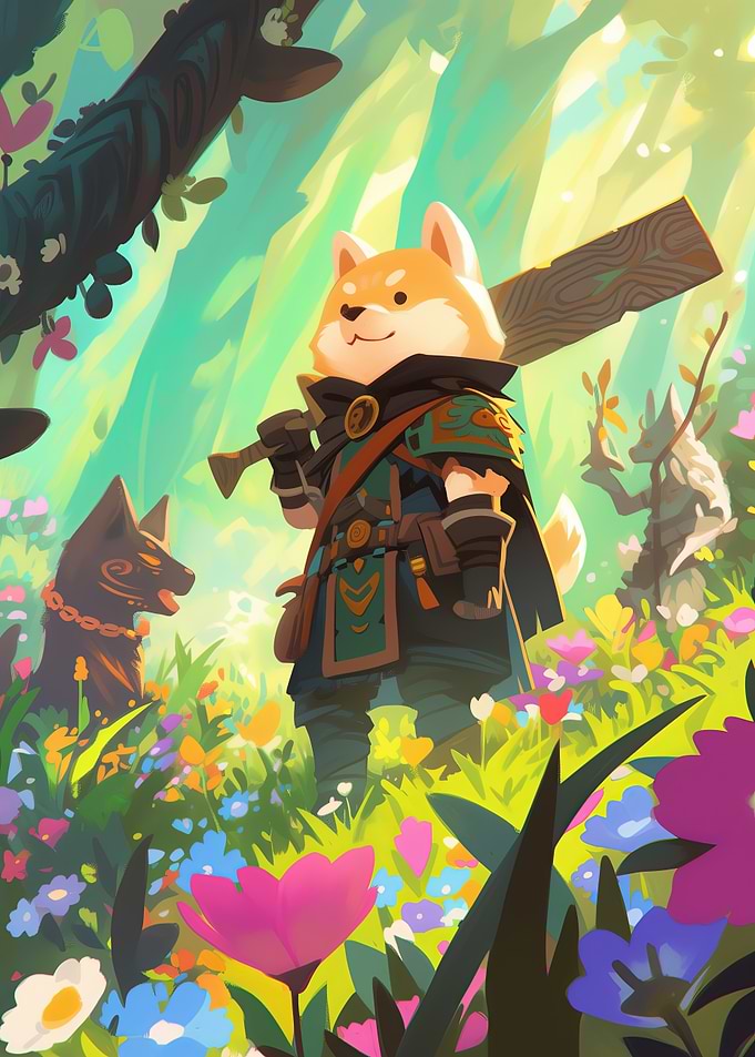 Shiba Inu Warrior in Floral Fantasy Realm