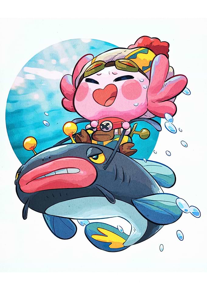 Cartoon Character Riding a Fish