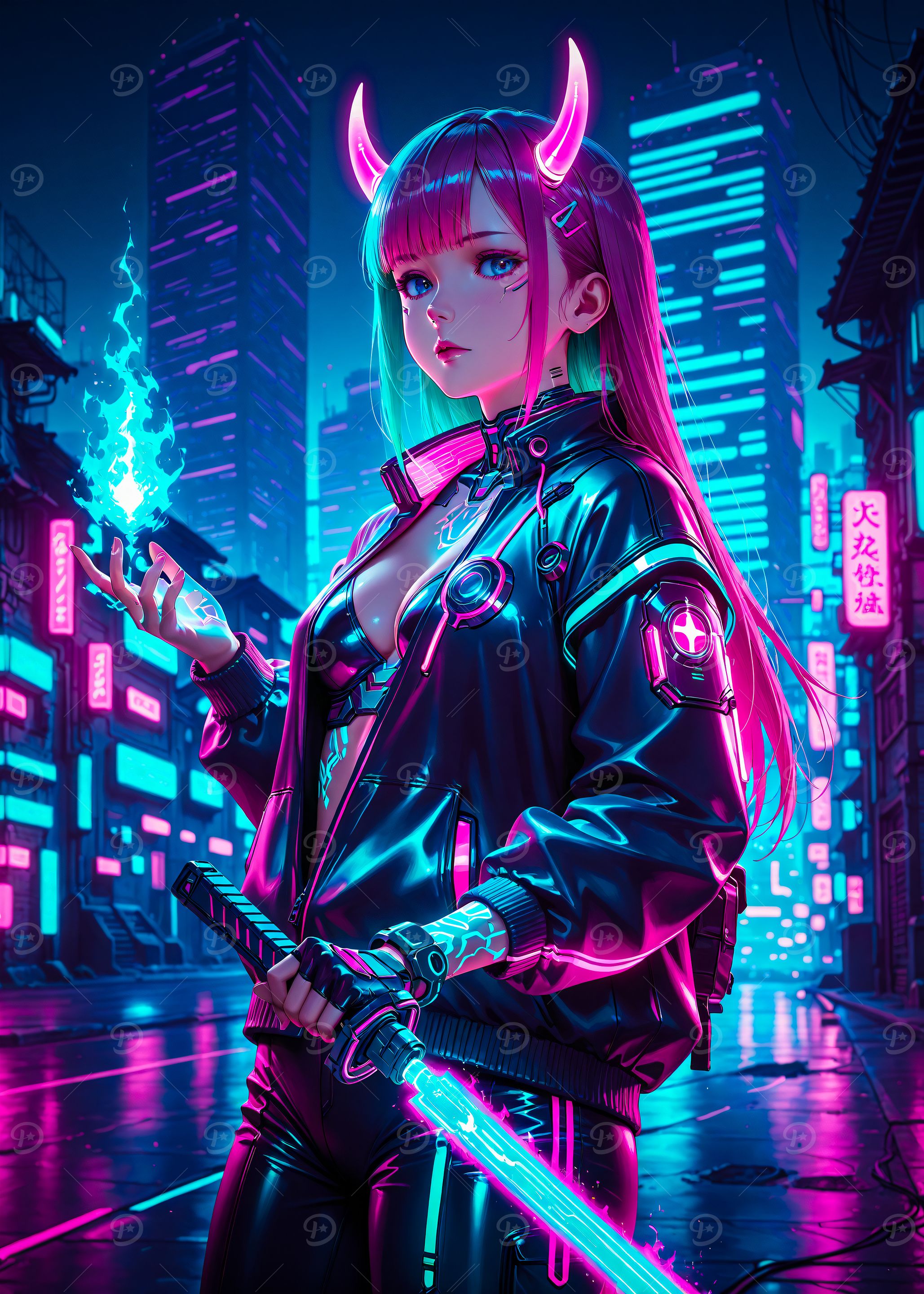 Cyberpunk Style Anime Girl with Neon Sword