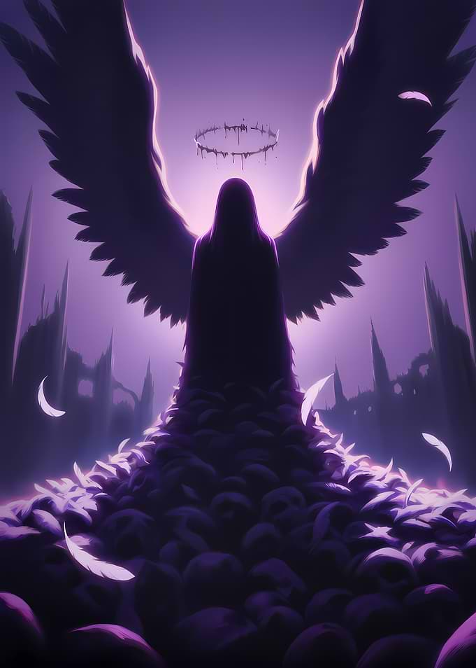 Dark Angel with Skulls and Feathers