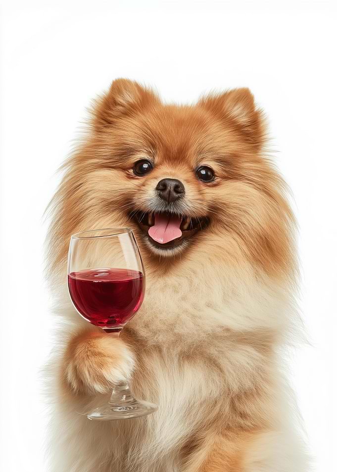 Pomeranian dog holding glass of red wine