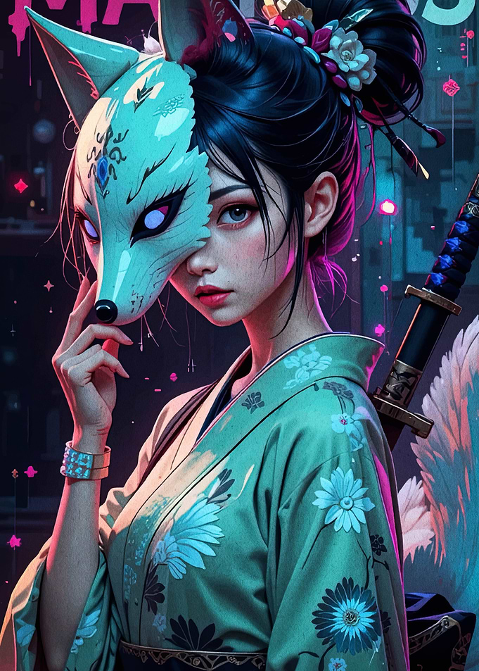 Anime Girl with Fox Mask and Kimono