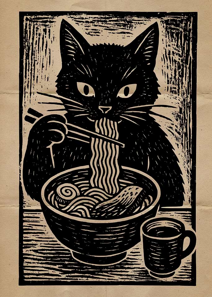 Black Cat Eating Ramen Woodcut Print
