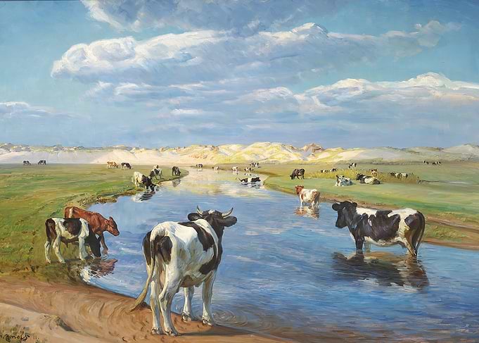 Cows in a River Landscape Painting