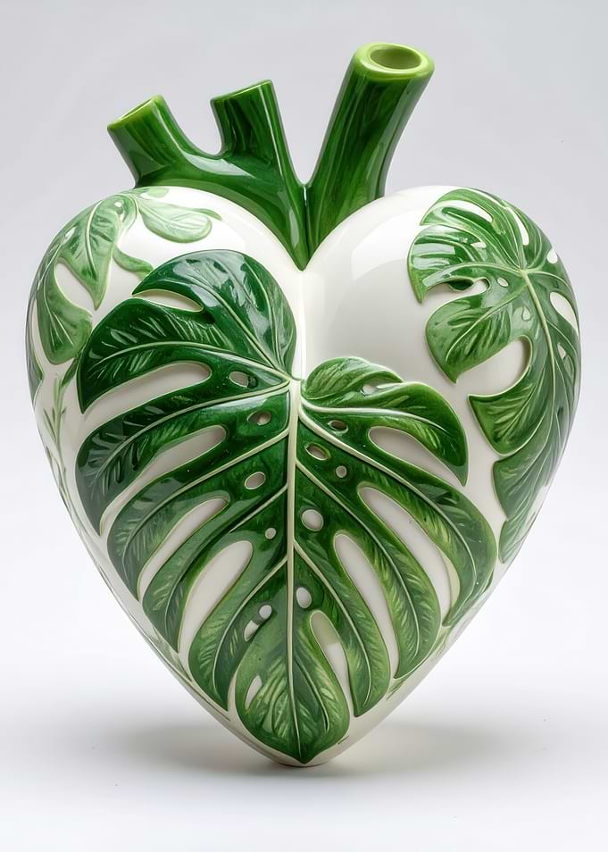 Heart-shaped vase with Monstera leaf design