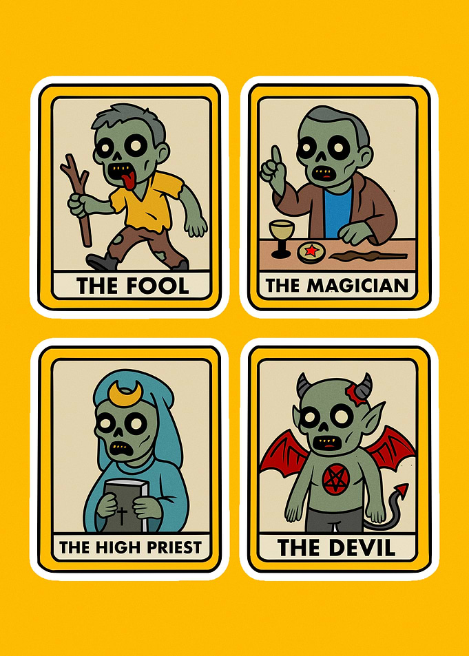 Zombie Tarot Cards: The Fool, Magician, Priest, Devil