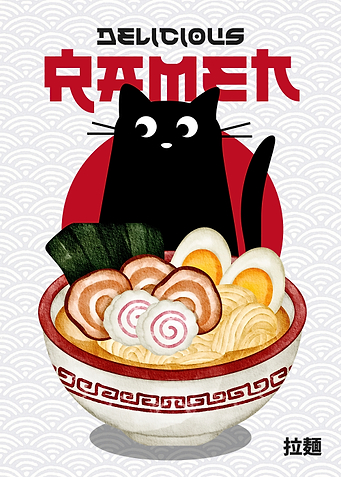 Delicious Ramen with Black Cat