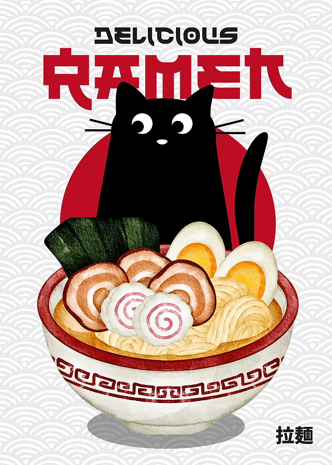 Delicious Ramen with Black Cat