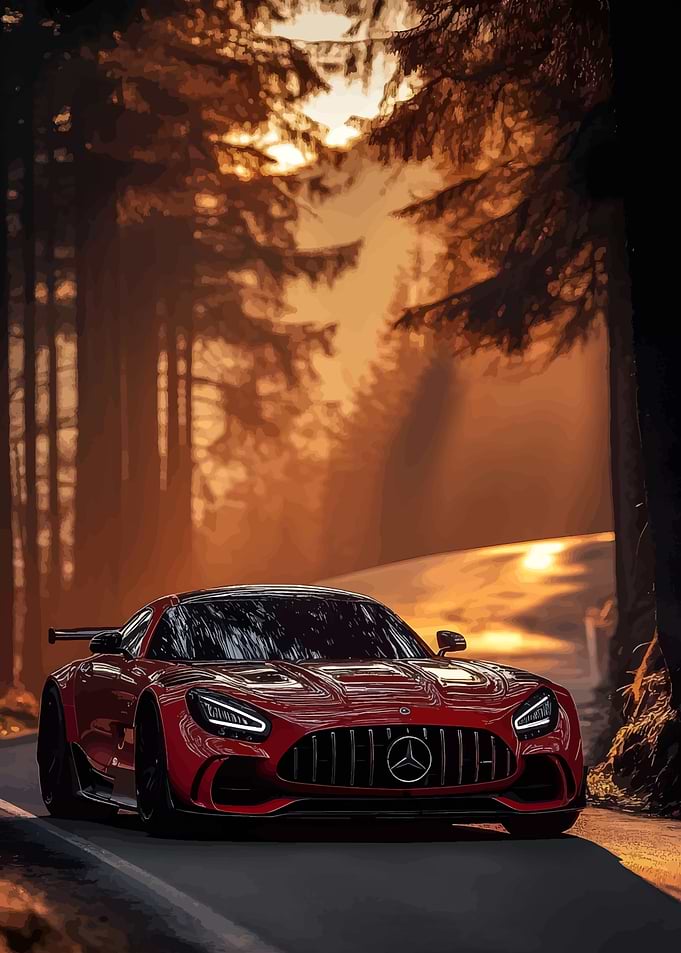 Red Mercedes-AMG in Forest at Sunset