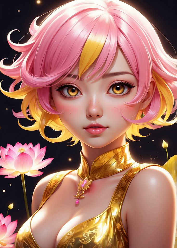 Anime Girl with Pink Hair and Lotus