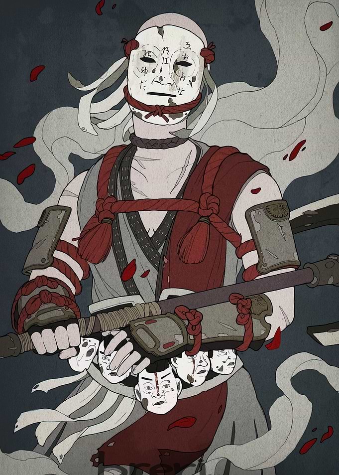 Masked Warrior with Staff and Masks