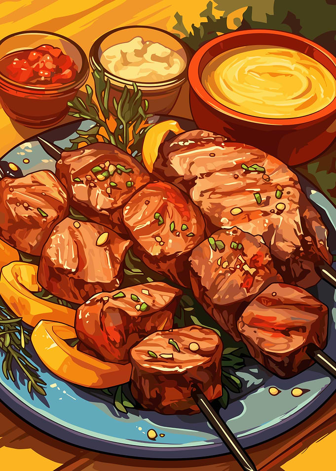 Grilled Meat Skewers with Sauces