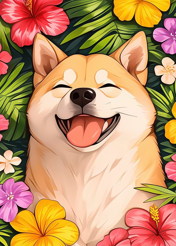Happy Shiba Inu with Tropical Flowers