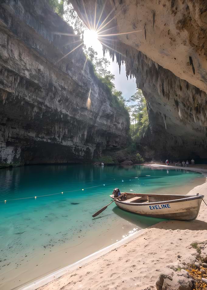 Cenote with Boat and Sunlight