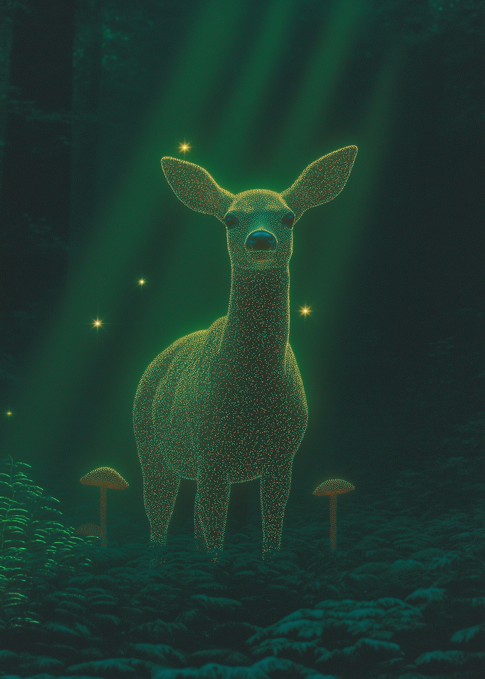 A magical deer with glowing antlers in an enchanted forest