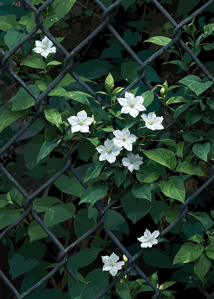 White Flowers on Chain Link Fence