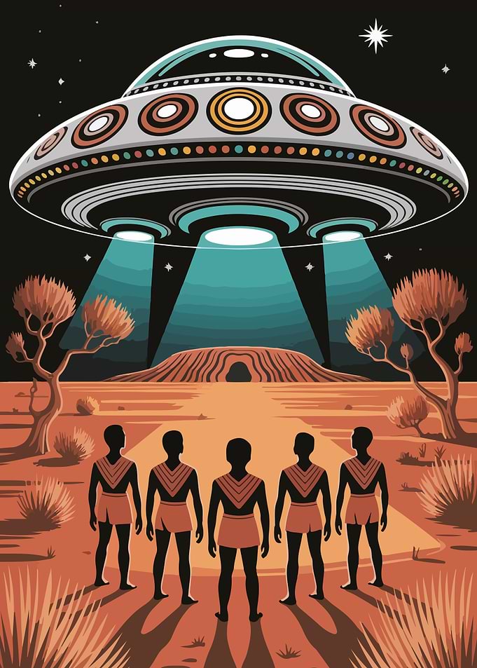 UFO over Australian Outback with Natives