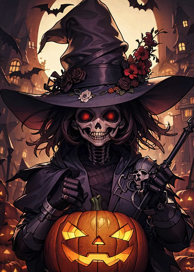 Halloween Witch with Pumpkin and Skull