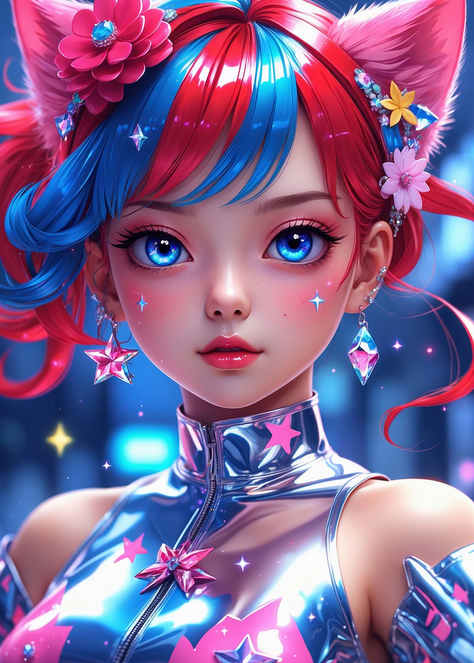 Anime Girl with Cat Ears and Flowers