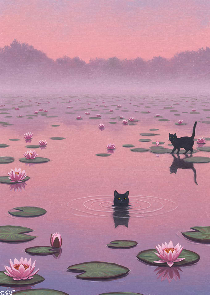 Cats in a Lily Pond Painting