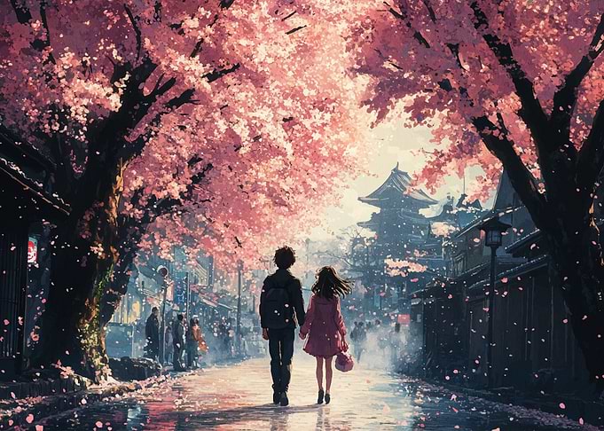 Couple walking under cherry blossom trees