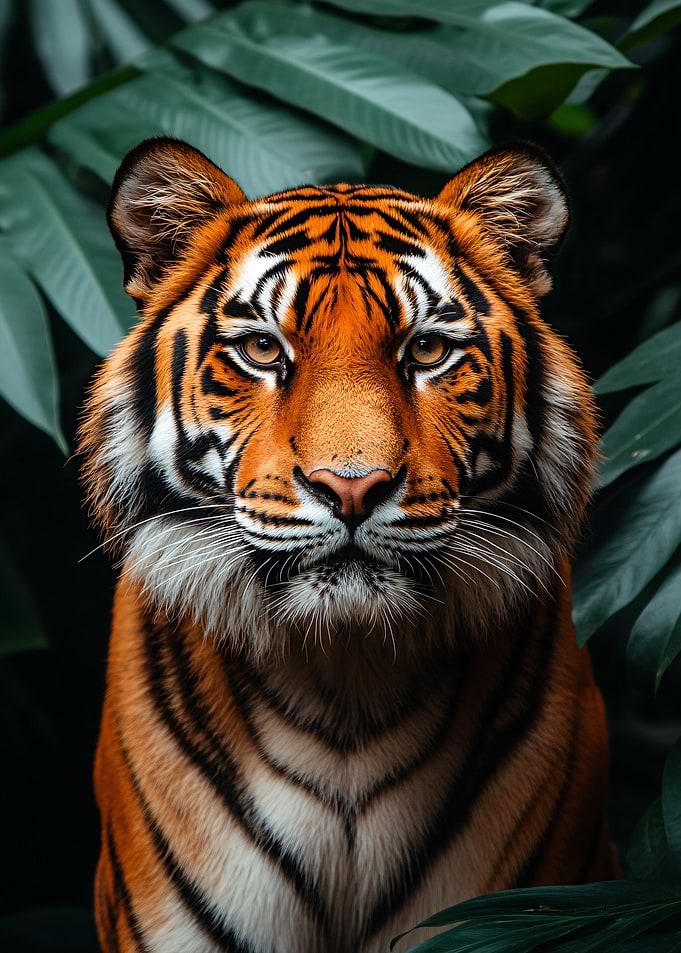Majestic Tiger Portrait in Lush Foliage
