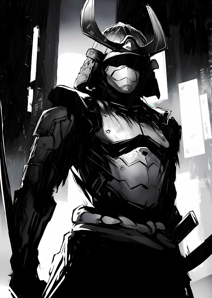 Cyberpunk Samurai in Black and White