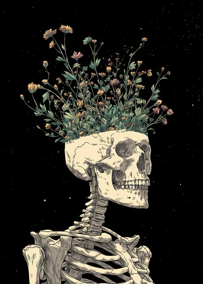 Floral Skull Art on Black Background