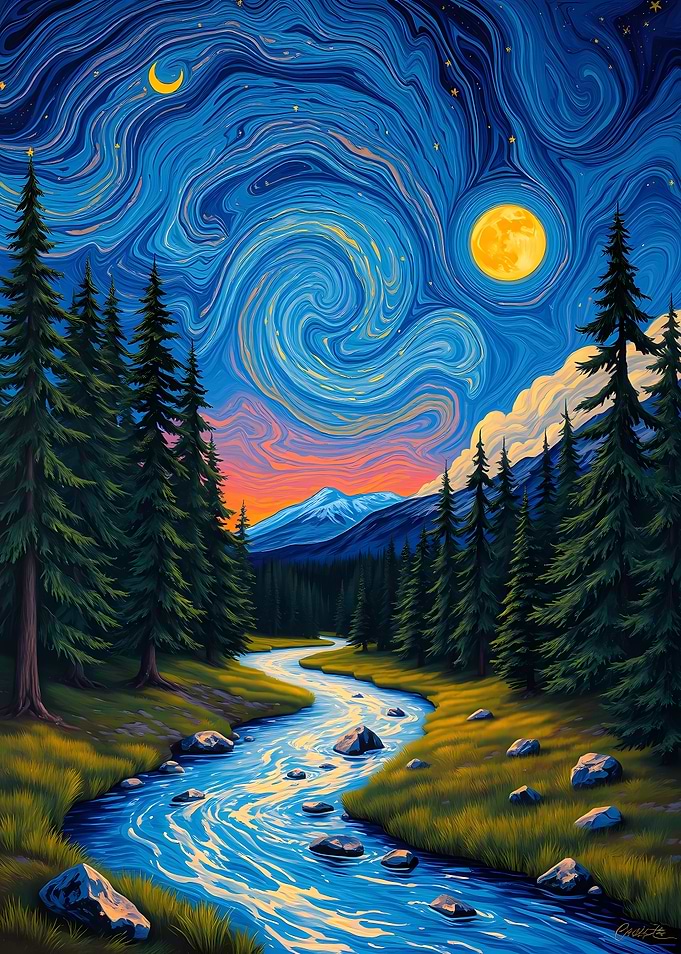 Starry Night River Landscape Painting
