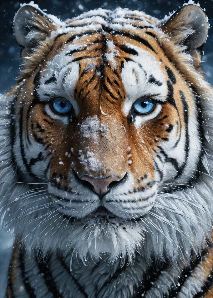Blue-Eyed Tiger Portrait in Snow — Hyperreal Winter Wildlife Art
