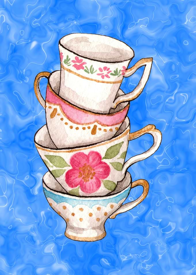 Stacked Watercolor Teacups on Blue Background