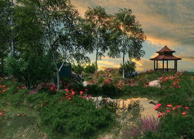Japanese Garden with Pagoda and Pond