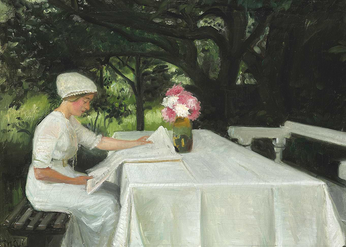 Woman Reading Outdoors Painting