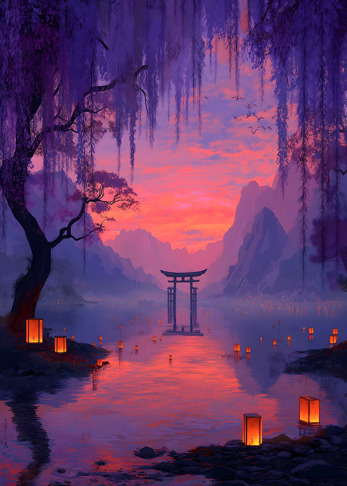 Japanese Landscape with Torii Gate and Lanterns