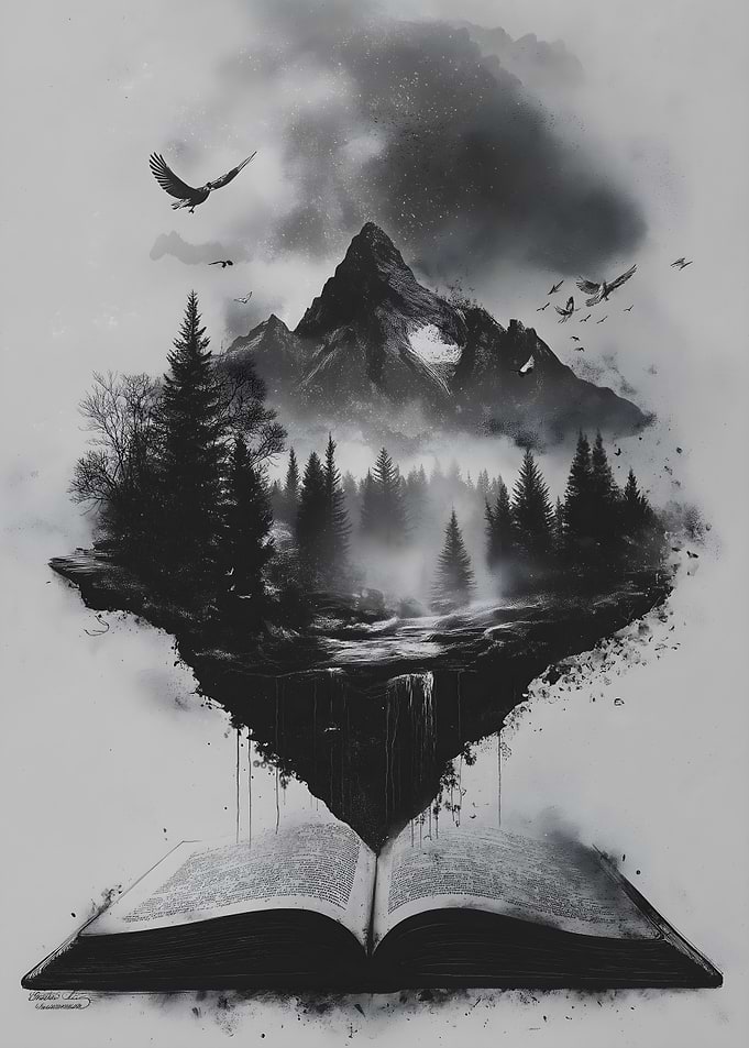 Mountain Landscape Emerging from Open Book
