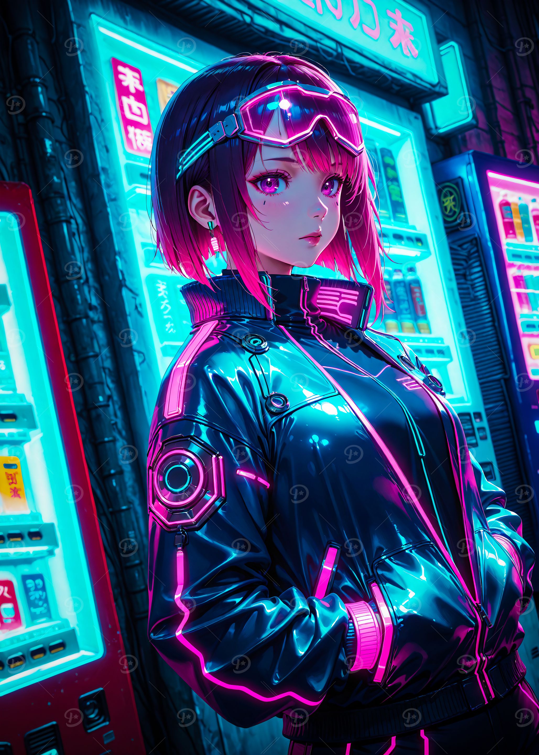 Cyberpunk Anime Girl with Neon Vending